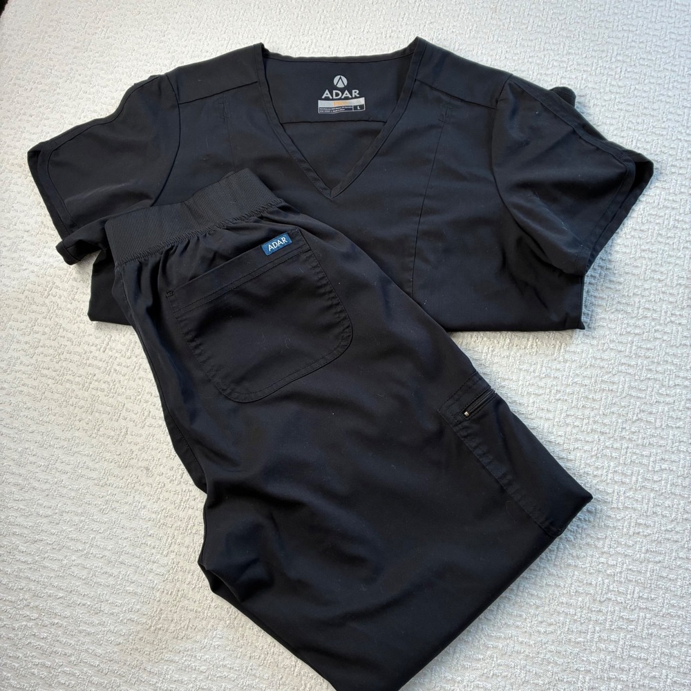 Adar Pro Black Scrub Set V-Neck Top and Jogger Pants Womens L Tailored Fit